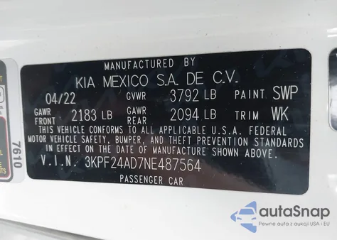 2022 Kia Forte Lxs z USA, uszkodzony, nr VIN 3KPF24AD7NE487564